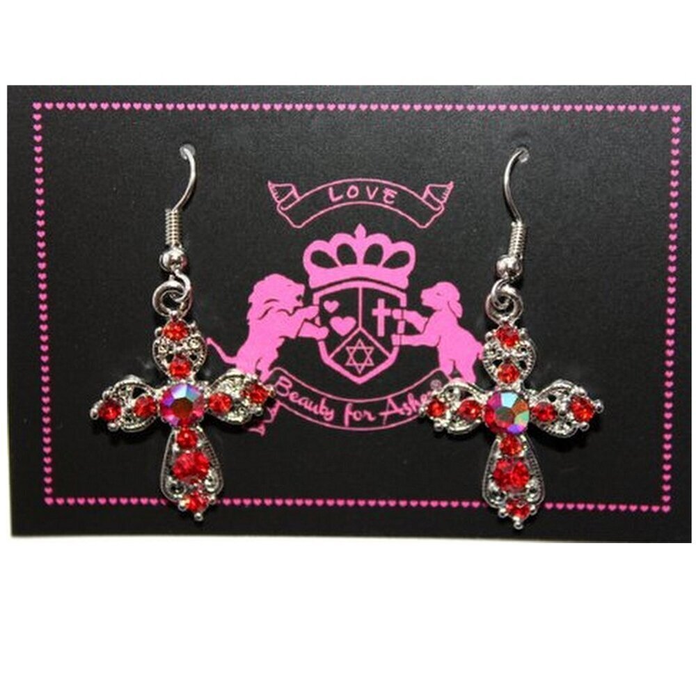 1.75" Red Crystal Cross Earrings - New w/Tags